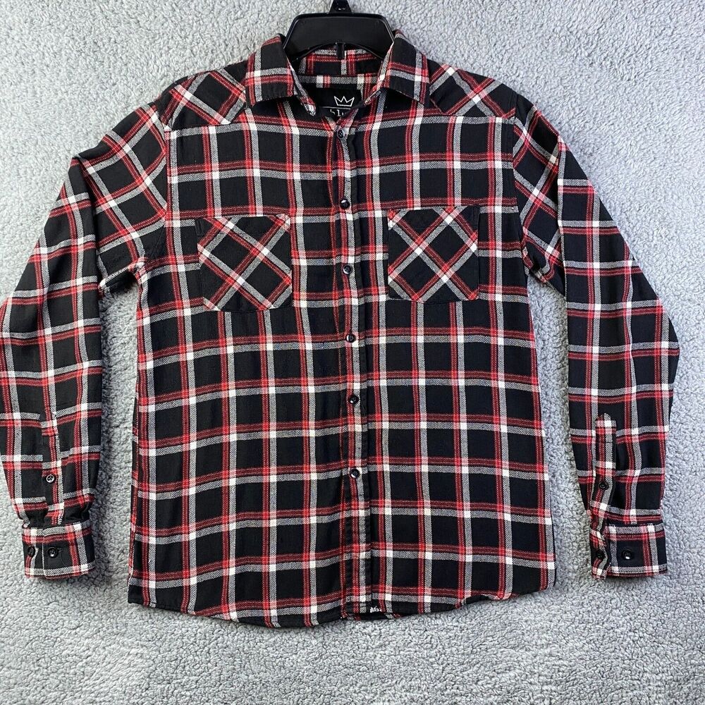 Blue Crown Shirt Womens Medium Long Sleeve Black and Red Hearts Plaid Button Up